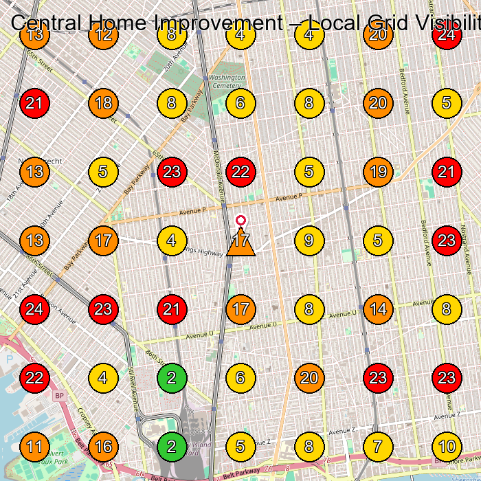 Central Home Improvement General Contractor GeoGrid ranking map for Brooklyn NY